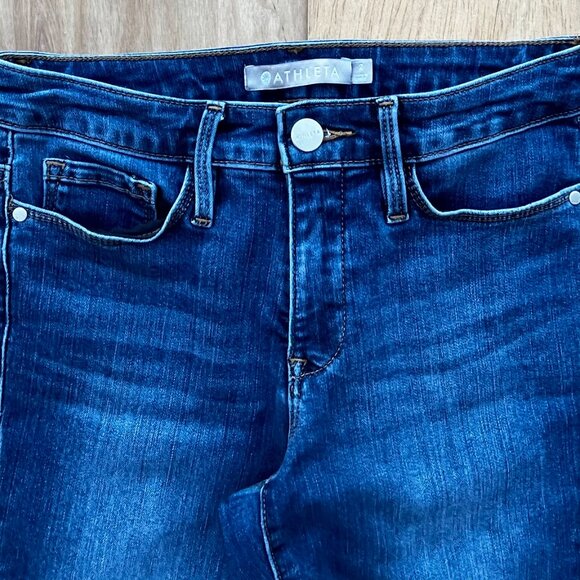 ATHLETA SCULPTEK STRAIGHT JEANS WOMEN’S sz 2 Blue Distressed Low Rise Stretch - Picture 2 of 12